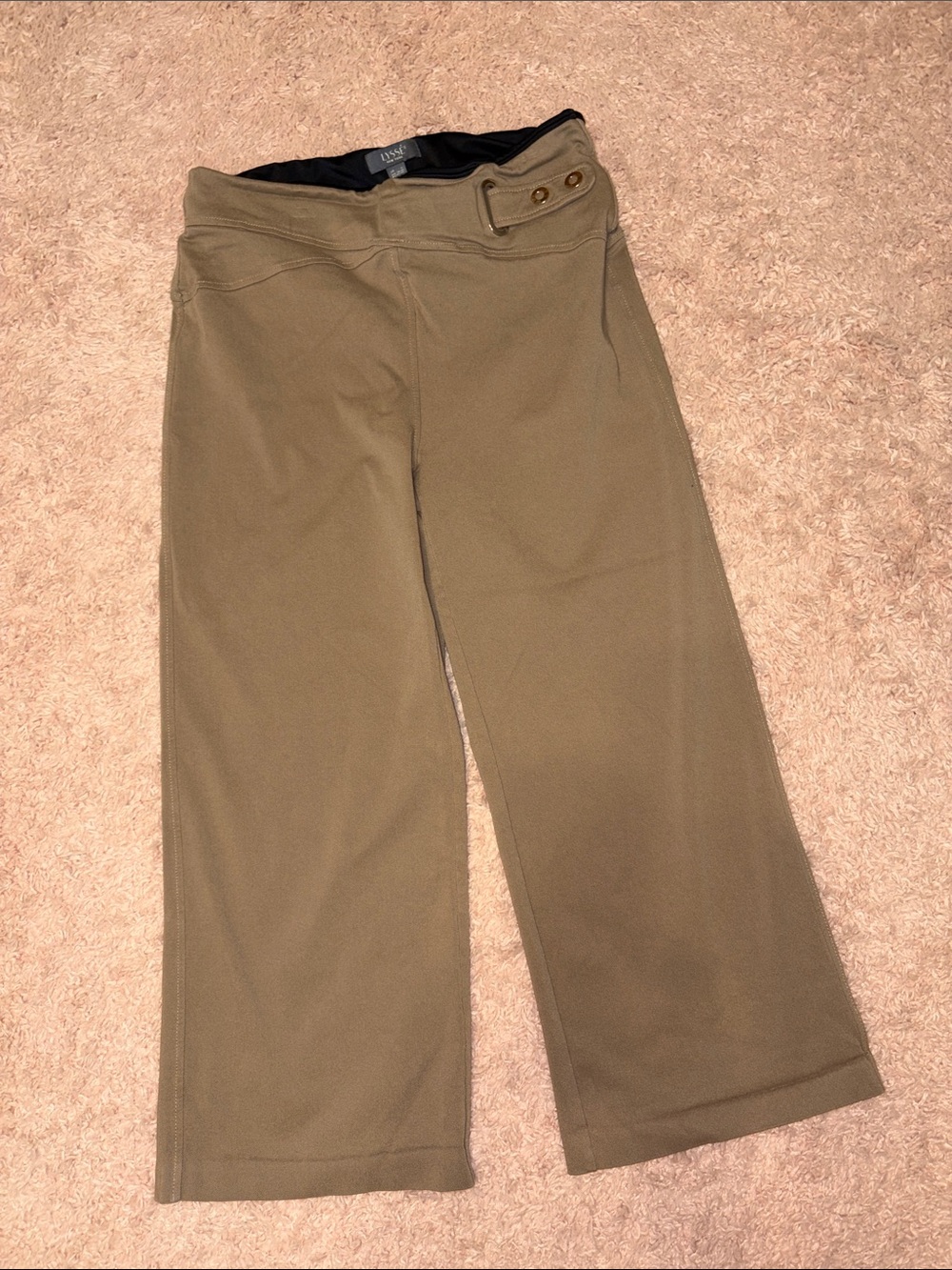 Lysse New York tan crop pants with silver snap buckle Pull on style size Large